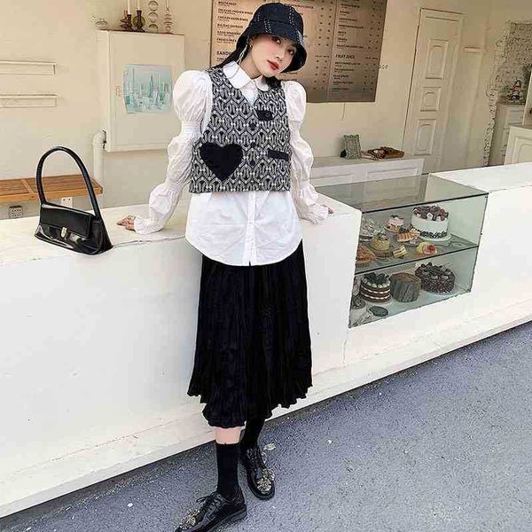 

women's vests black heart cropped jacket spring korean fashion sleeveless women coat button up short xvrp, Black;white