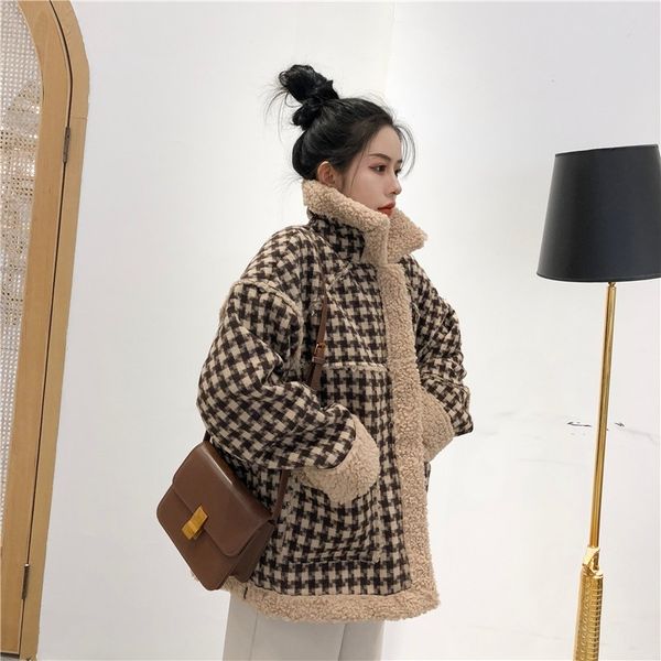 

lamb plush stitched stand collar thousand bird tweed coat female autumn and winter thickened small hepburn wind wool, Black