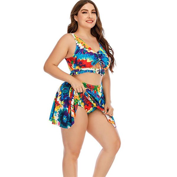 

3 pieces swimwear large size 5xl women swimsuit 202 push up swim skirt + bikini female printed swimming bathing suits