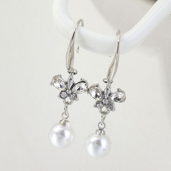 

ez1888 fashion accessories korean long butterfly pearl with diamond temperament earrings women's beads, Silver