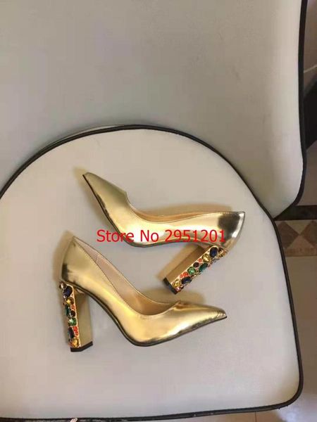 

dress shoes chic gold leather pumps woman pointed toe rhinestone diamond crystal high heel luxury women party chunky heels, Black