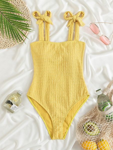 

textured tie shoulder one piece swimsuit a67p#, White;black