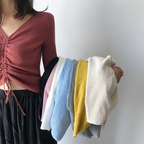 

aossviao lace up knitting pullover fashion autumn winter sweater women chic pink v-neck knit slim jumper pull femme 211011, White;black