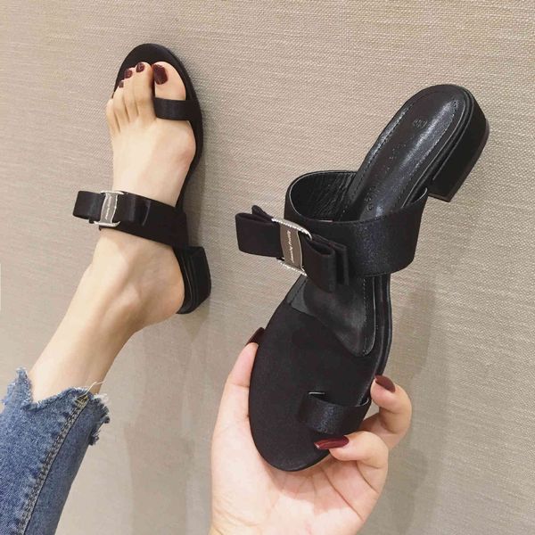 

sandal girl summer flat slippers bottom net red fairy korean version versatile bow sandal simple one word with beach shoes j2o9, Black