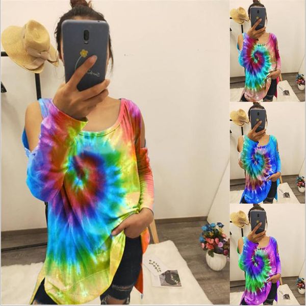 

women's t-shirt fashion women autumn outfit, multicolor tie-dyed o-neck off-the-shoulder long-sleeves with spiral pattern for ladies, White