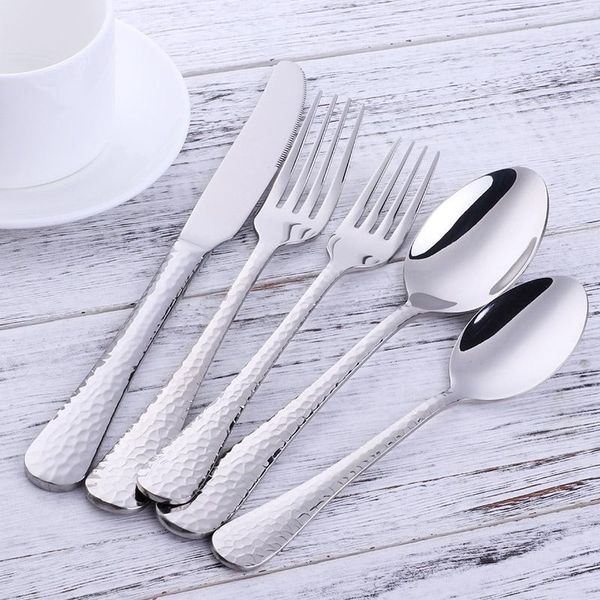 

flatware sets 5pcs/lot silver stainless steel cutlery western dinnerware set fork knife spoon hammered kitchen tools
