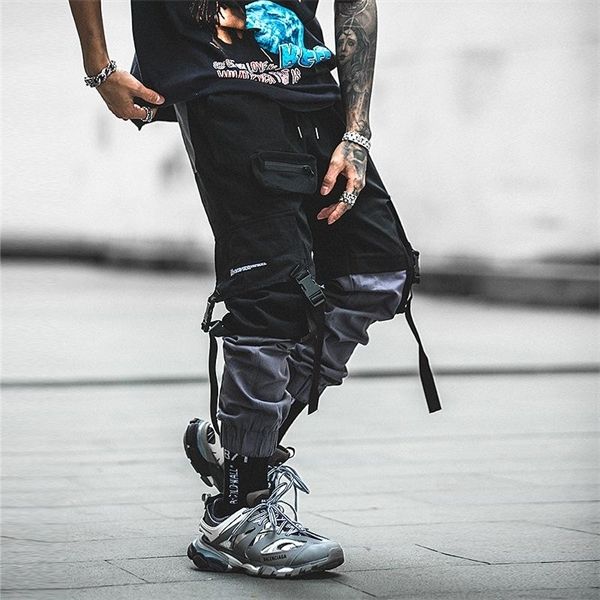 

fashion streetwear hip hop harem multi-pocket overalls men jogger harajuku ribbon swearpants men's sport pants, Black
