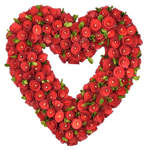 

14 inch valentine's day wood heart-shaped flower wreath for front door wall wedding garden home farmhouse decor, red
