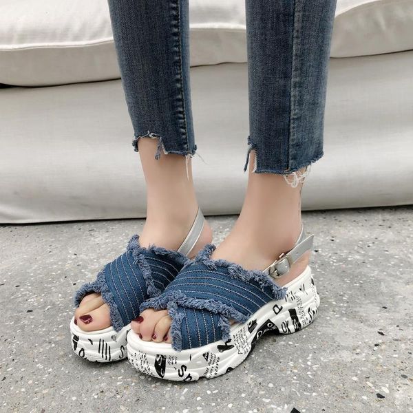 

sandals graffiti sole platform women denim thick summer fashion open toe sandalias mujer 2021, Black