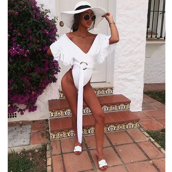 

women's swimwear one piece swimsuit 2021 ruffle women push up bathing suit beach wear monokini bandage bodysuit, White;black