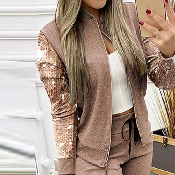 

women's two piece pants autumn winter pant sets outfits for women sequins zipper coat drawstring set casual tracksuit sweat suits, White