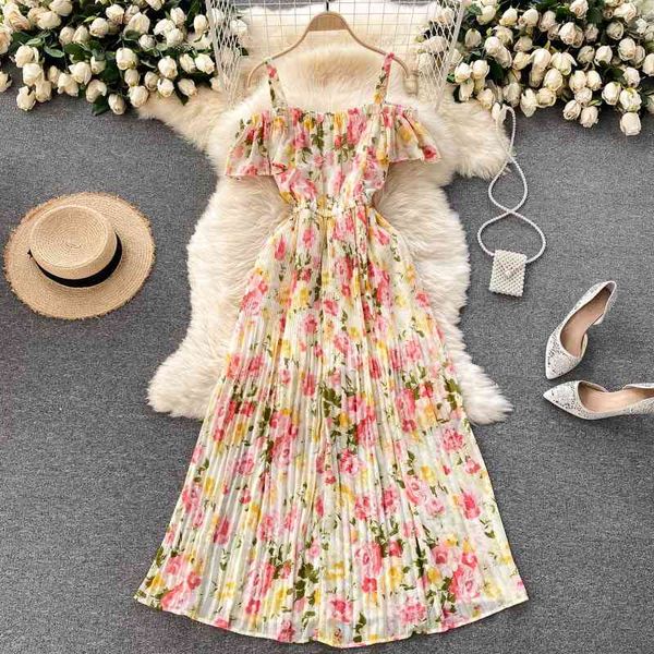

women elegant pleated dress summer off shoulder vintage floral print boho chiffon dresses ladies ruffles long robe 210602, Black;gray