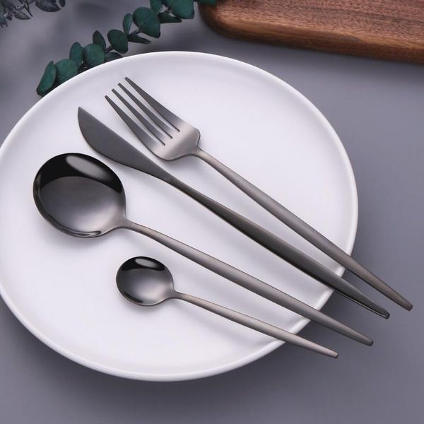 

mirror black stainless steel cutlery set fork butter knife spoon set tableware complete dinner chopsticks sushi sticks