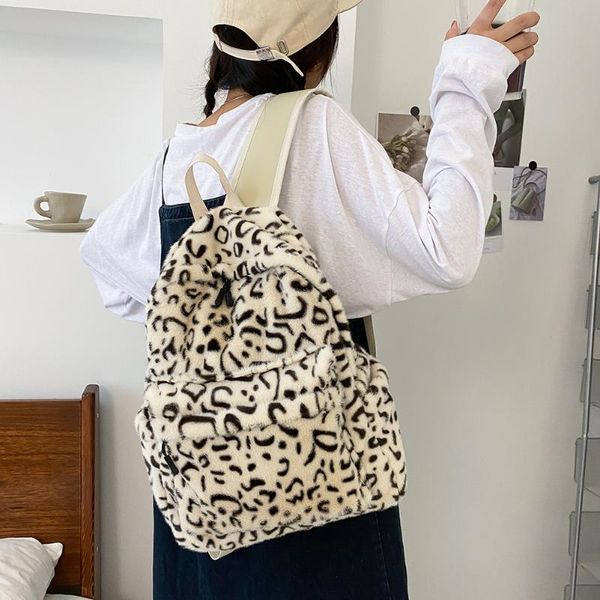 

school bags women fashion leopard pattern printing backapck autumn winter plush ladies casual large capacity rucksacks handbags