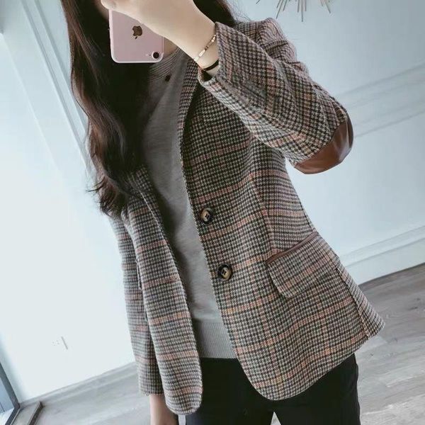 

women's suits & blazers retro plaid suit coat women simple office lady spring/autumn korean slim patch designs plus size casual top, White;black
