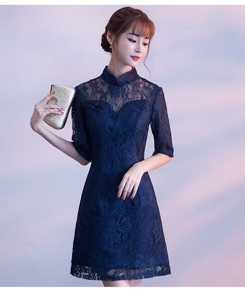 

ethnic clothing mandarin collar lady chinese dresses elegant half sleeve lace floral cheongsam skirt novelty slim straight dress short gown, Red