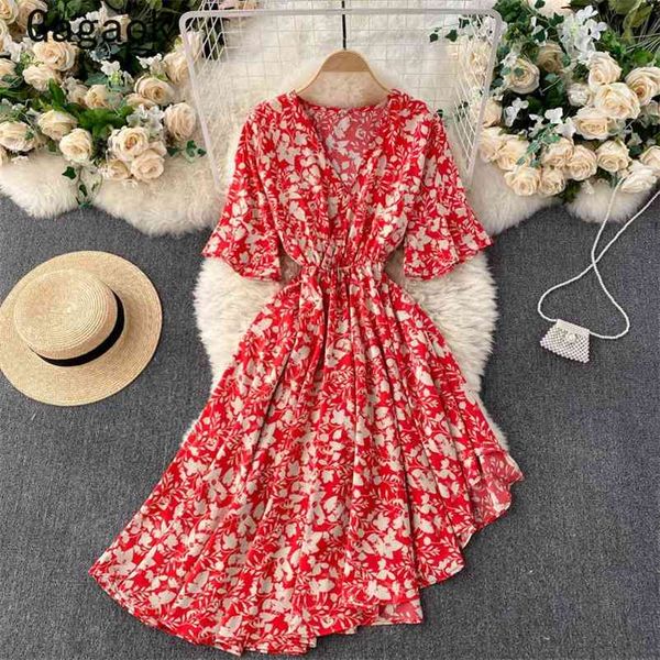 

woman dress summer stand vintage asymmetrical print v neck midi party dresses korean chic wild fashion vestidos 210531, Black;gray