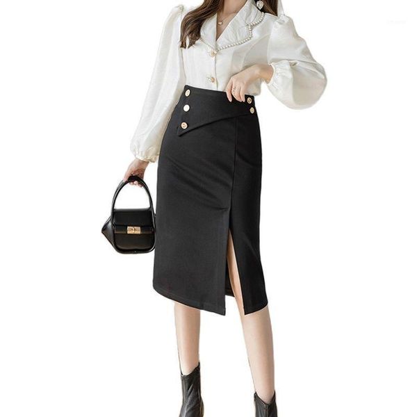 

korean casual office work wear high waisted bodycon vintage cotton skirt white black red slit midi pencil women c294 skirts