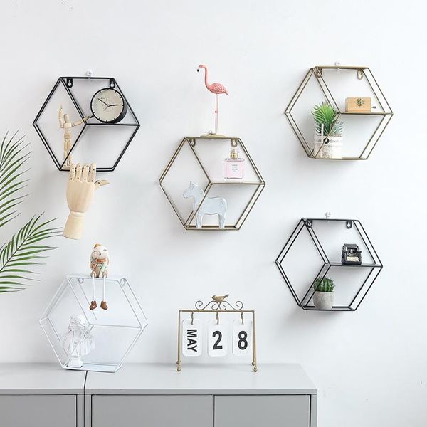 

homelily modern simple iron hexagon wall shelf living room bedroom wall shelves decorative storage hanging home decor