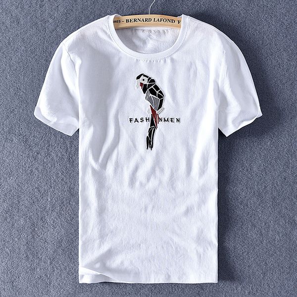 

2021 new embroidered short-sleeved linen shirt casual round neck t-shirt for men stretch trend breathable t shirts male camisa ibri, White