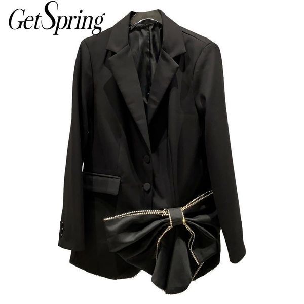 

women's suits & blazers getspring women blazer rhinestone bow suit single breasted long sleeve ladies black coat slim jacket, White;black