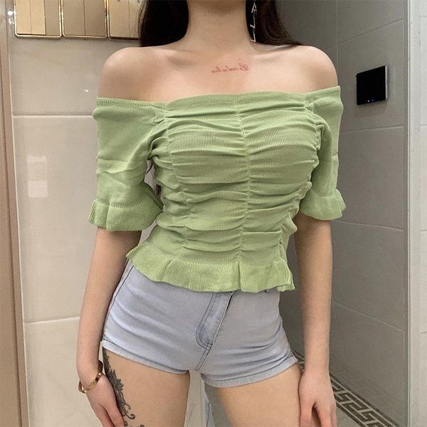 

women's t-shirt 2021 summer european and american ruffled two-wear square collar pleated sweater women, White