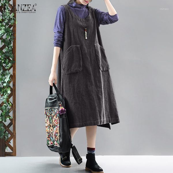 

women's autumn sundress 2021 zanzea vintage corduroy overalls dress casual female sleeveless o neck loose vestidos plus size dresses, Black;gray