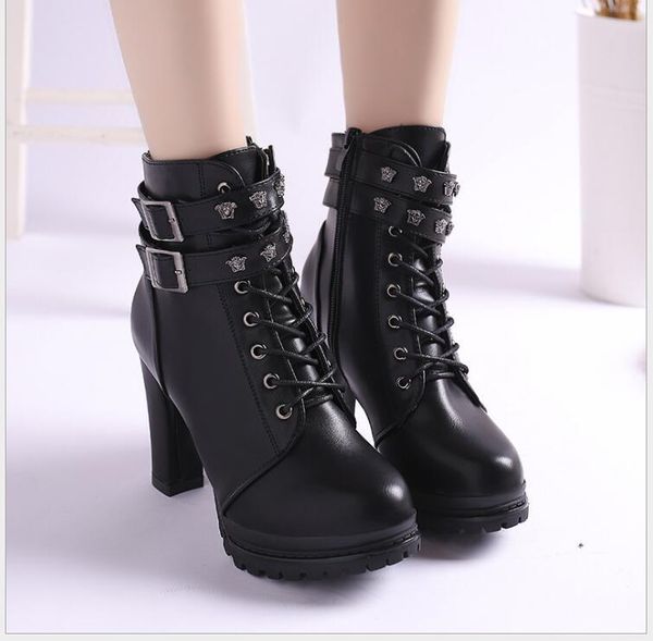 

boots women's lace up high heels woman metal rivet female footwear ladies shoes women platform motorcycle ankle large size, Black