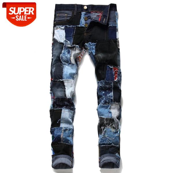 

denim ripped hole moto bike straight jeans men's oversize 38 40 42 2021 autumn spring hip hop punk rock streetwear trouers #1w0s, Black