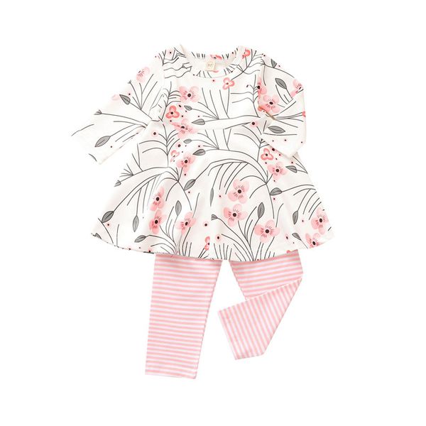 

kids girls floral outfits flower printed ruffle long sleeve shirts striped elastic pants toddler trouser kids casual clothes 06210309, White