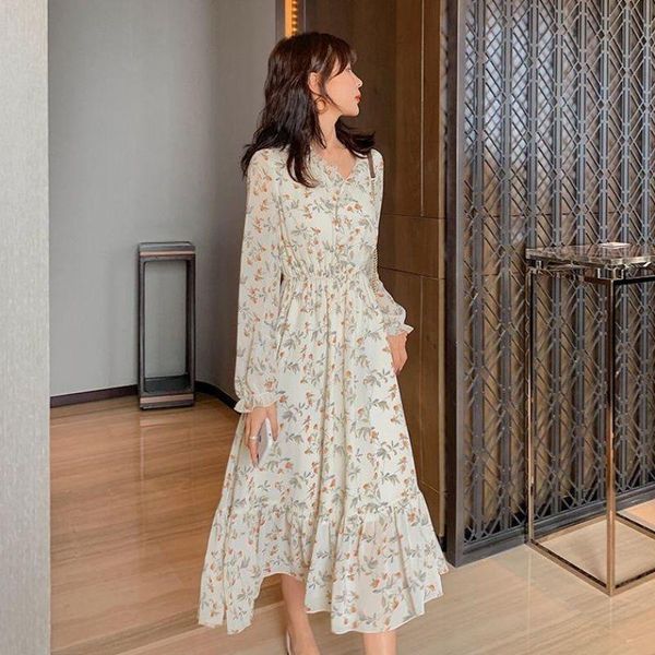 

casual dresses women long sleeve dress ruffles mid calf floral thin elegant v-neck female fashion elastic waist plus size, Black;gray