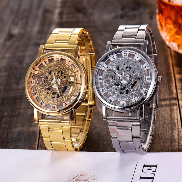 

wristwatches men wrist watch fashion retro silver golden luxury hollow steel man vintage wristwatch clock relogio masculino, Slivery;brown