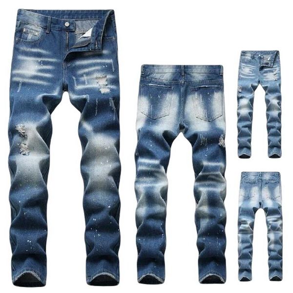 

2021 new gat stretch slim rights broek patch splash inkt jeans men denim trouse, Blue
