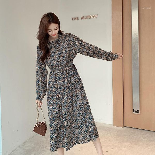 

casual dresses yamdi midi dress women elegant 2021 spring summer party korean plus size vintage long sleeve chiffon print floral, Black;gray