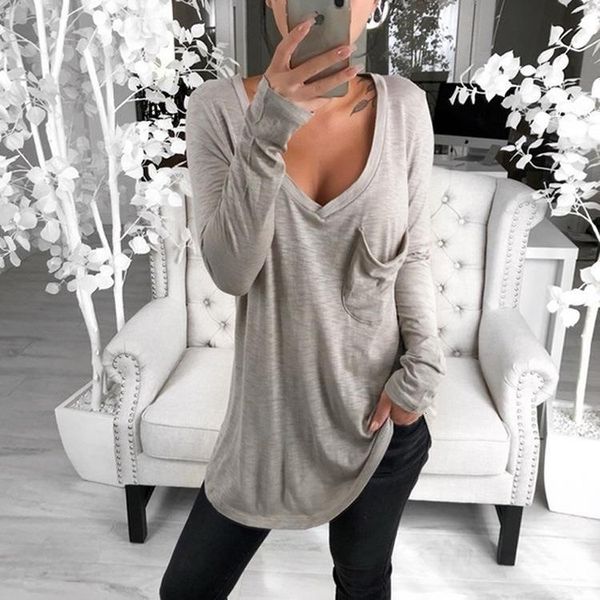 

casual long shirts 2021 spring new women's t-shirts with pocket female solid loose tee shirt big sizes 3xl deep v-neck shirt, White
