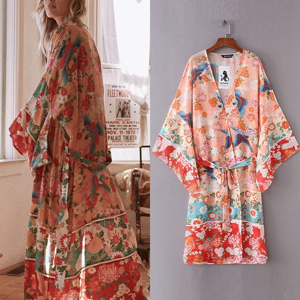 

women's blouses shirts summer blouse womens chiffon shawl floral print kimono cardigan belt beachwear boho cover up blouse playa arrib, White