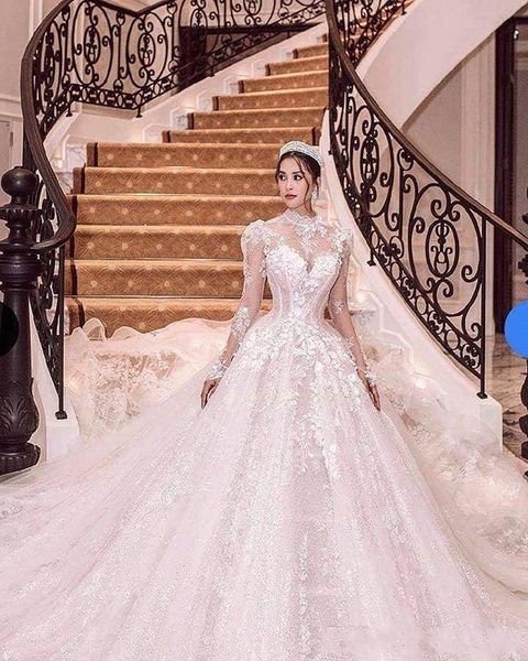 

pearls 2021 new 3d flower lace high neck wedding es long sleeves garden plus size dubai arabic bridal gown vestido de noiva xrq4, White