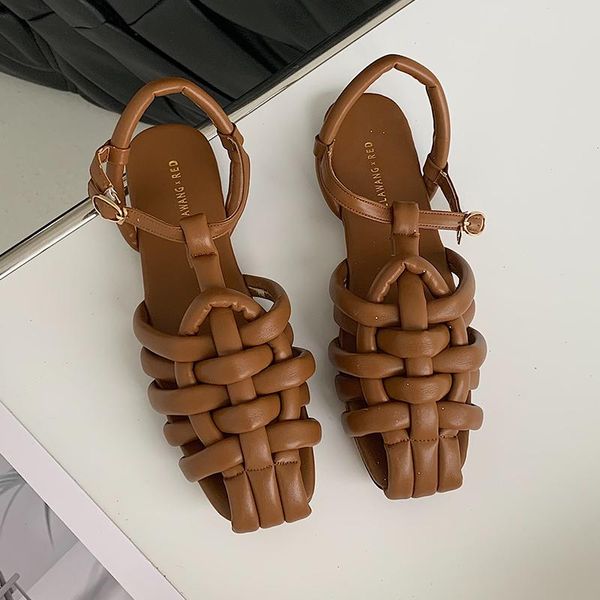 

sandals women 2021 european and american retro woven rome summer fashion pu leather flat casual one word buckle, Black