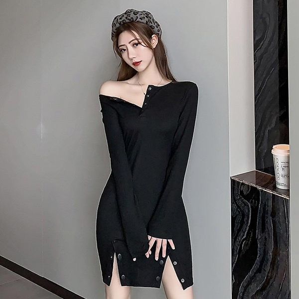 

casual dresses web celebrity show chest round neck long sleeve pin buckle cultivate morality split package hip women dress, Black;gray