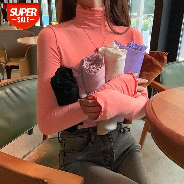 

turtleneck women's t-shirts korean style ruched long sleeve solid autumn jumper wdc5990 #0f78, White