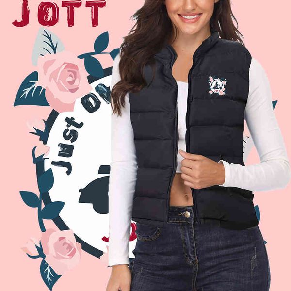 

autumn winter jott rose print style women solid loose vest stand collar jacket cotton padded windproof warm waistcoat, Black