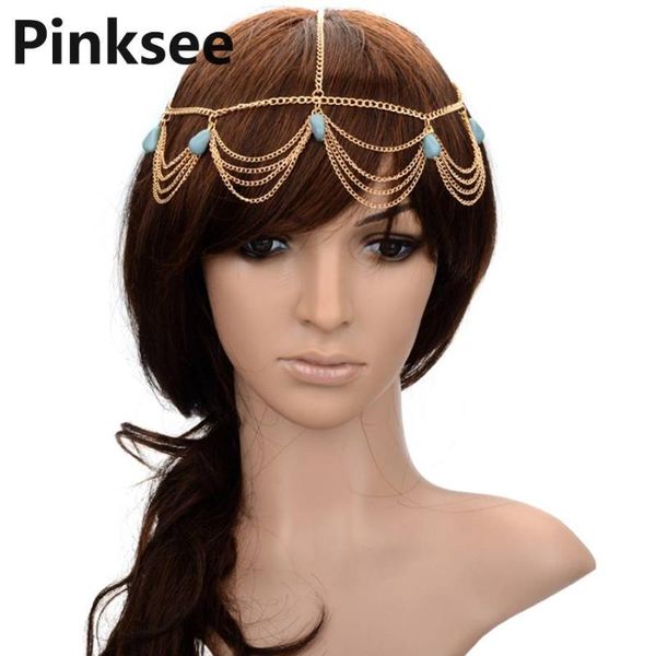 

hair clips & barrettes boho gold headpiece stone pendant forehead headband jewelry charm head chain for women headdress bridal accessories, Golden;silver