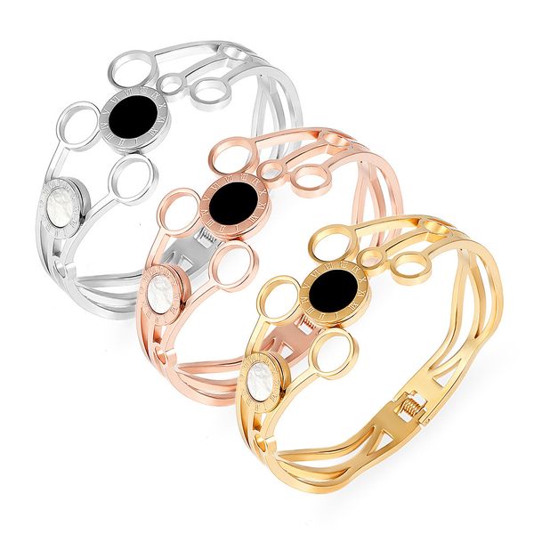 

bangles bracelets titanium steel lovers bracelet stainless hollow out round roman numeral clasp, Black