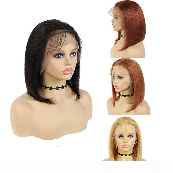 

4x13 lace front human hair wigs straight bob wig colored brown blonde red wig brazilian hair for black women non-remy hair, Black;brown