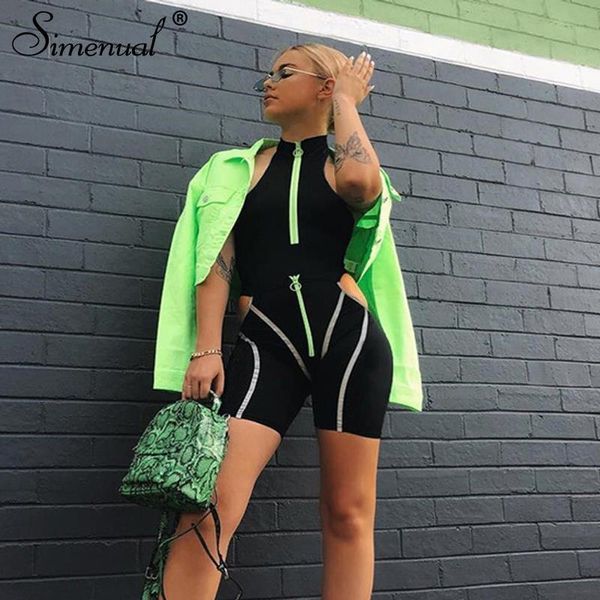 

simenual casual sporty women two piece sets reflective striped zipper outfits bodysuit and cut out shorts set streetwear fashion, Gray