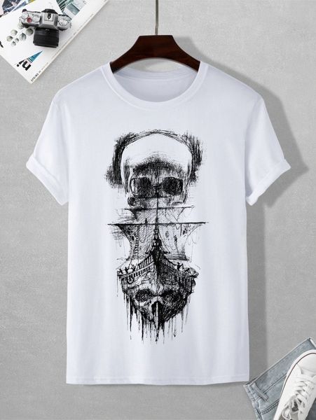 

men skull and ship print tee b0sb#, White;black