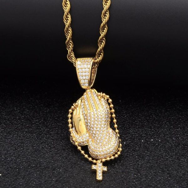 

pendant necklaces men hip hop praying hands with cross zircon fashion hiphop iced out necklace male jewelry lover gifts, Silver