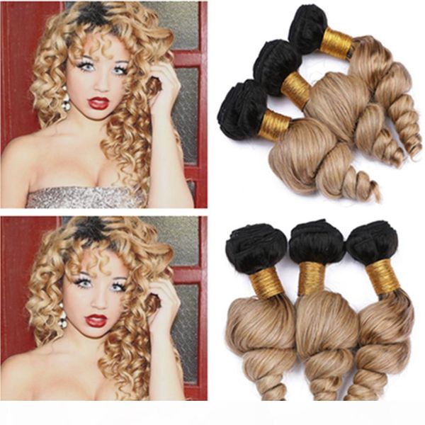 

#1b 27 honey blonde ombre loose wave peruvian human hair weave bundles 3pcs lot light brown ombre virgin human hair wefts mixed length, Black