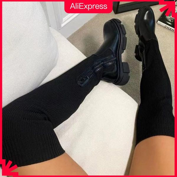 

boots women's over the knee stretch knitted 2021 autumn fashion female platform boot splicing ladies sock shoes woman long, Black