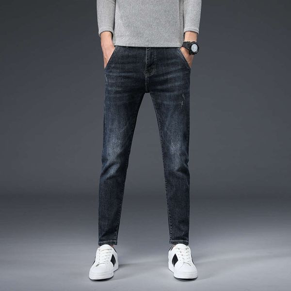 

autumn and winter ordinary micro elastic young cotton denim trousers dark blue slim business leisure wash waist plush men's wear